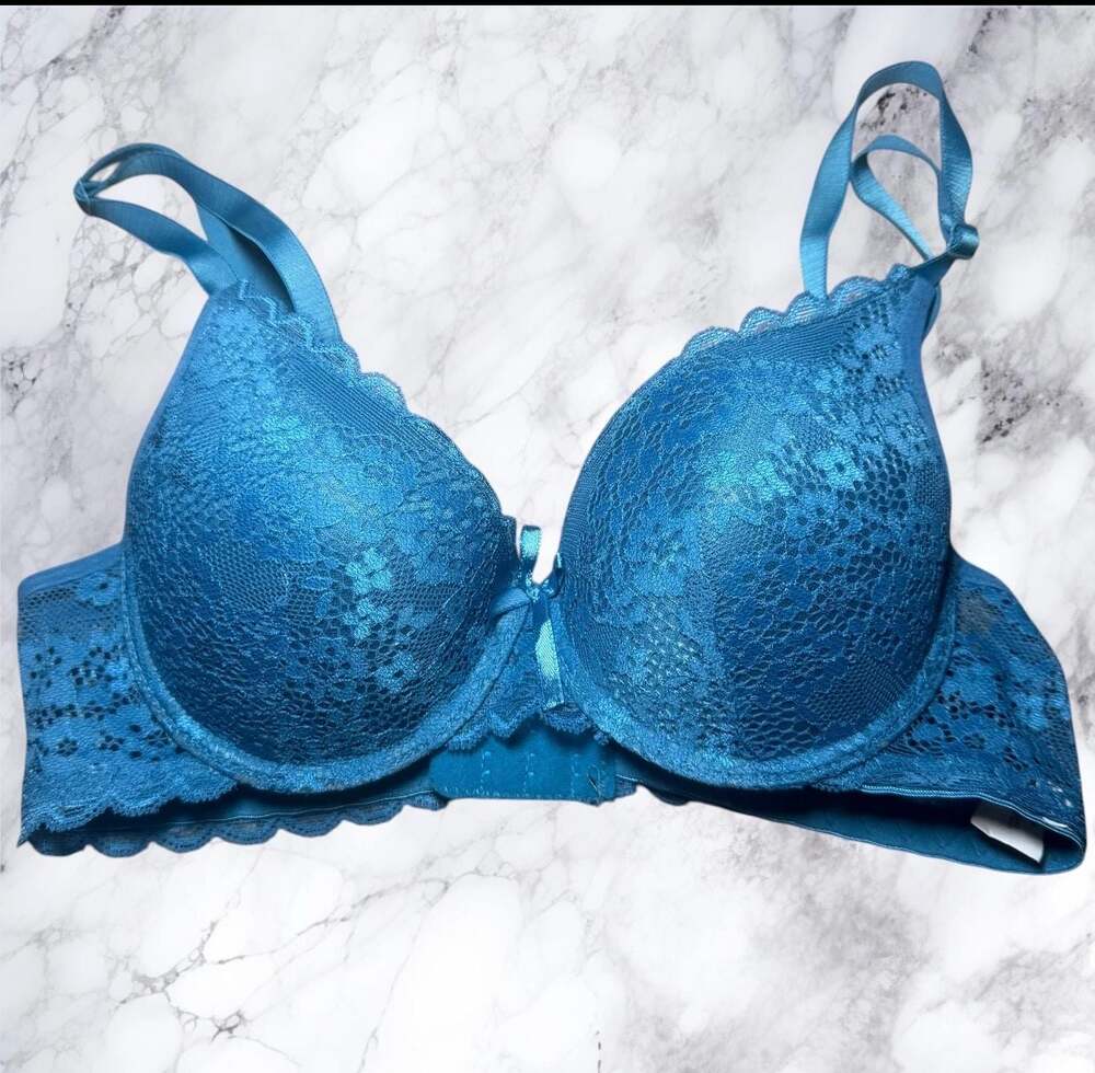 Angelina Blue Lace Push Up‎ Bra 32B Padded Underwire Scalloped Lingerie